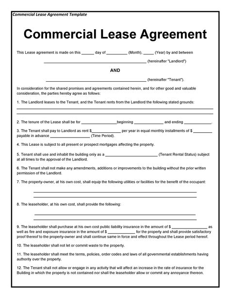 The Commercial Lease Agreement is an agreement whereby a landlord agrees to let a real property to a business (the tenant) for commercial or business use. . One page commercial lease agreement